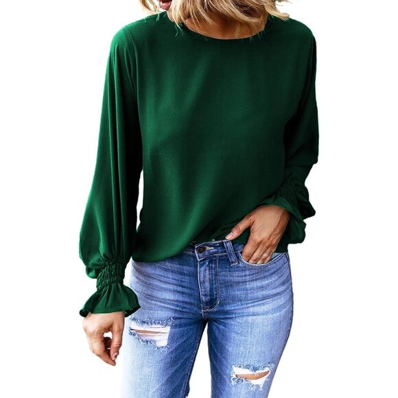 Tops - Women's Green Crew Neck Top Long Sleeve Ruffle Keyhole Casual Fall Wear